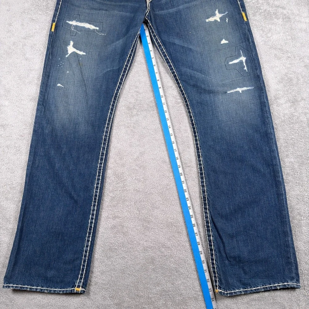 True Religion Jeans Mens 38x34 Ricky Super T Straight Leg Blue Distressed Denim
